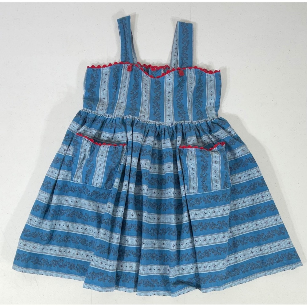 Handmade Girls Pinafore Dress Blue Red Floral Stripe Rick Rack Trim Vintage